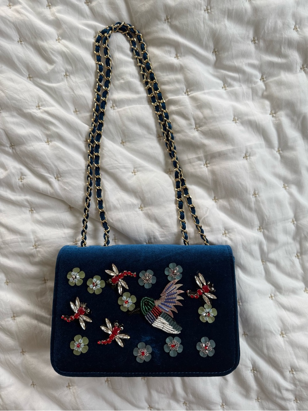 Embellished Velvet Shoulder Bag with Chain Strap
